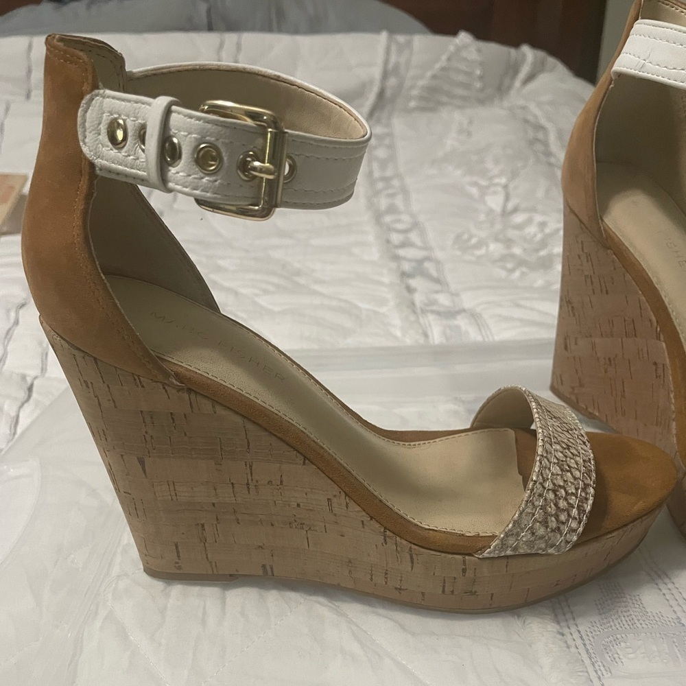 Mark Fisher beige suede and snake embossed ankle strap cork wedges.
